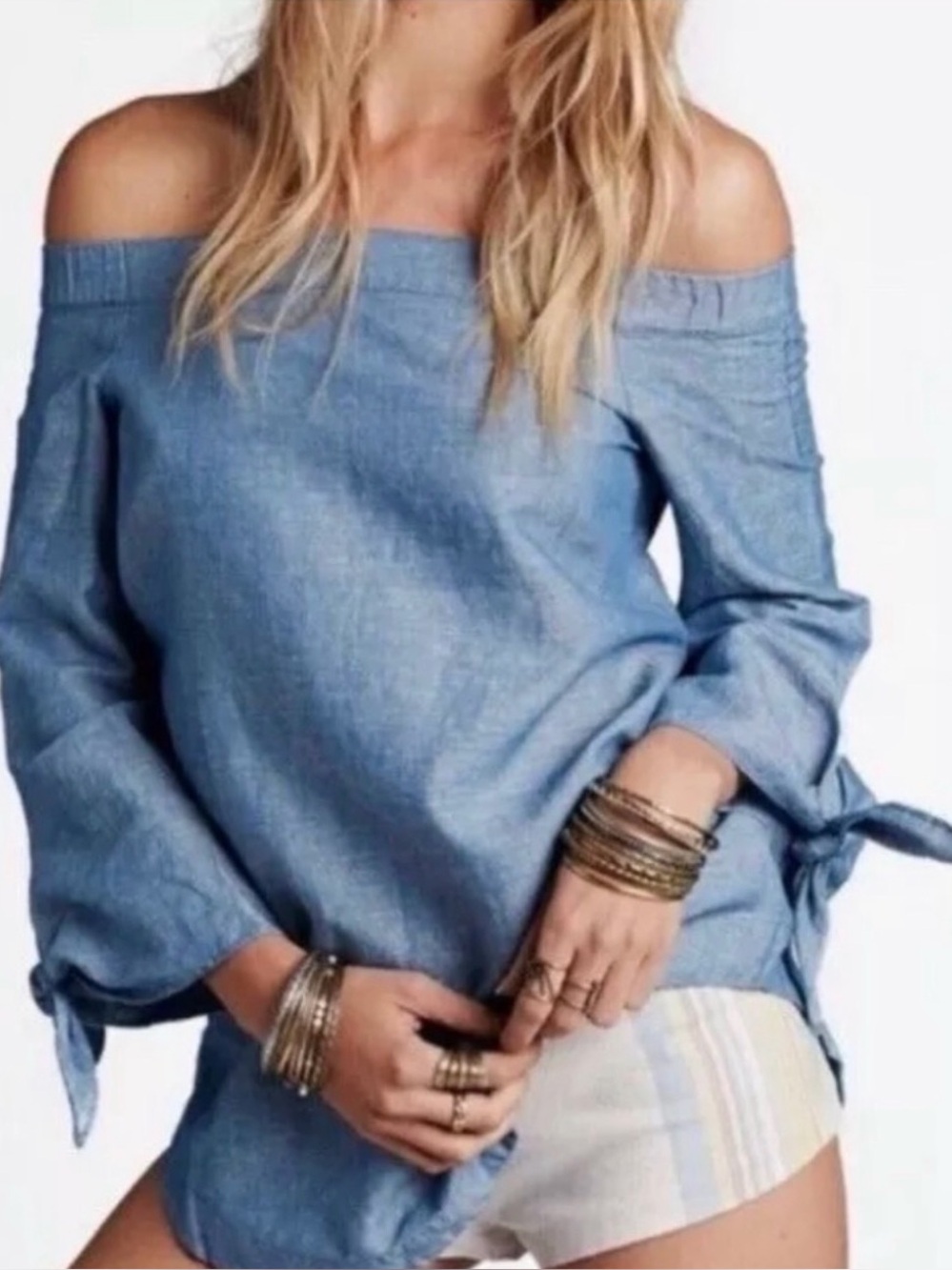 Free People Light Blue Chambray Blouse with tie sleeves